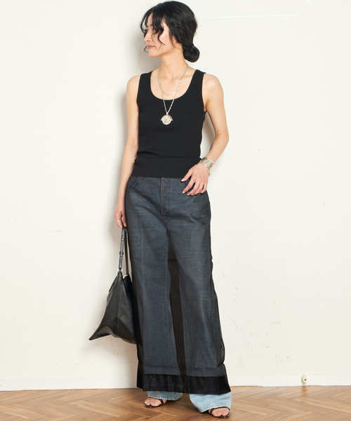 セール】【ST.AGNI/セントアグニ】Sheer Leather Trim Skirt