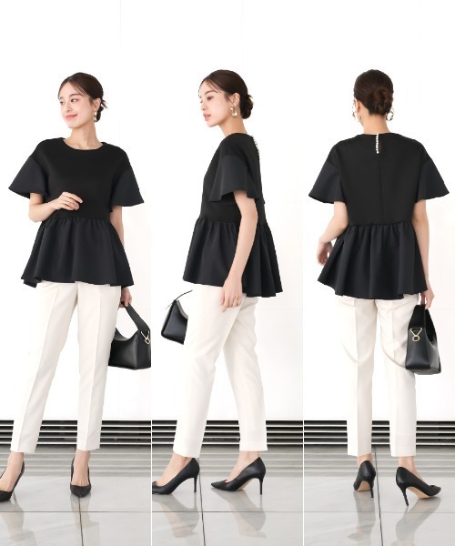 Emilyan（エミリアン）の「手洗い可･ストレッチ･UV CUT･接触冷感【  とろぷり生地がクセになる  】つやポンチ・バックパールライク・ペプラム半袖ブラウス（シャツ/ブラウス・レディース・ブラック/ホワイト/チャコールグレー/グレー・L/M/S）」の11枚目の写真