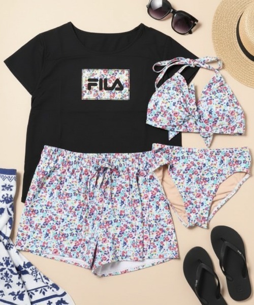 【FILA/フィラ】レディースロゴTシャツ付き水着４点セット/水陸両用ラッシュガードTシャツ・総柄バギーショーツ付きビキニ(水着)