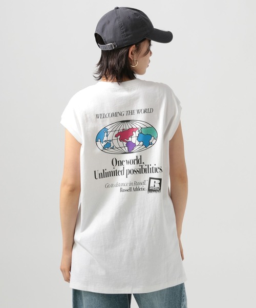 Russell Athletic（ラッセルアスレティック）の「【RUSSELL ATHLETIC (ラッセルアスレティック）】別注バックプリントノースリーブT（Tシャツ/カットソー・レディース・ライトグリーン/オフホワイト/チャコール・FREE）」の2枚目の写真