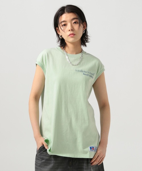 Russell Athletic（ラッセルアスレティック）の「【RUSSELL ATHLETIC (ラッセルアスレティック）】別注バックプリントノースリーブT（Tシャツ/カットソー・レディース・ライトグリーン/オフホワイト/チャコール・FREE）」の3枚目の写真