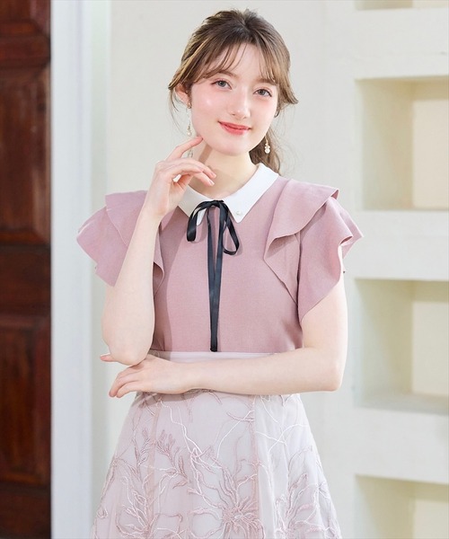 バイカラー襟ダブルフリルスリーブニットプルオーバー