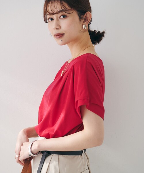tシャツ 「洗える」タック入りフレンチスリーブプルオーバー レディース セール】【洗える】タック入りフレンチスリーブプルオーバー（T