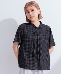 小さいサイズ　ボウタイ付き配色プチハイネックブラウス　低身長さん・小柄女性