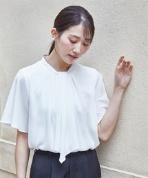 小さいサイズ ボウタイ付き配色プチハイネックブラウス 低身長さん・小柄女性