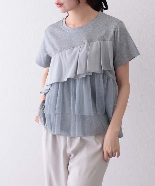 Lace Ladies(レースレディース)の「異素材 タックフリル チュール ドッキング 半袖 Tシャツ(Tシャツ/カットソー・レディース・ホワイト/グレー/ブラック・FREE)」の1枚目の写真