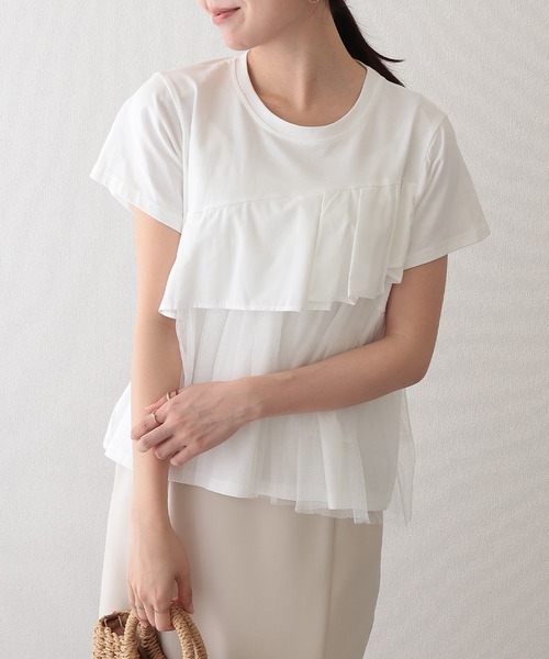 Lace Ladies(レースレディース)の「異素材 タックフリル チュール ドッキング 半袖 Tシャツ(Tシャツ/カットソー・レディース・ホワイト/グレー/ブラック・FREE)」の2枚目の写真
