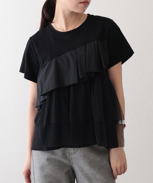 Lace Ladies(レースレディース)の「異素材 タックフリル チュール ドッキング 半袖 Tシャツ(Tシャツ/カットソー・レディース・ホワイト/グレー/ブラック・FREE)」の3枚目の写真