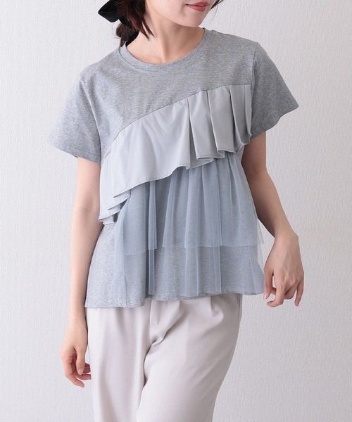 Lace Ladies(レースレディース)の「異素材 タックフリル チュール ドッキング 半袖 Tシャツ(Tシャツ/カットソー・レディース・ホワイト/グレー/ブラック・FREE)」の4枚目の写真
