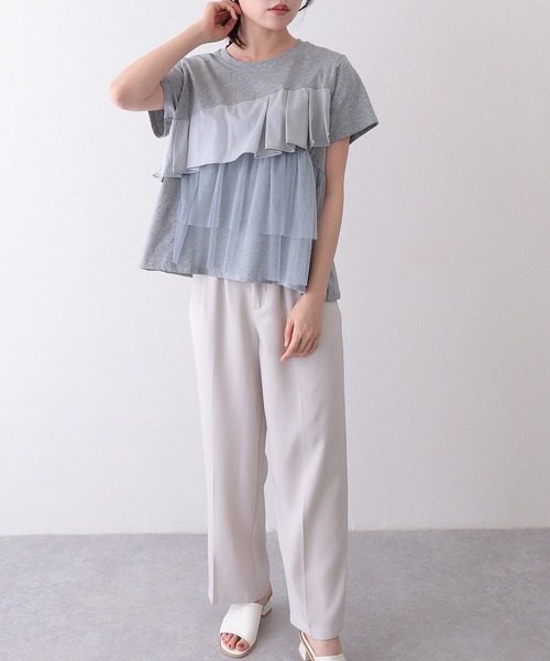 Lace Ladies(レースレディース)の「異素材 タックフリル チュール ドッキング 半袖 Tシャツ(Tシャツ/カットソー・レディース・ホワイト/グレー/ブラック・FREE)」の5枚目の写真