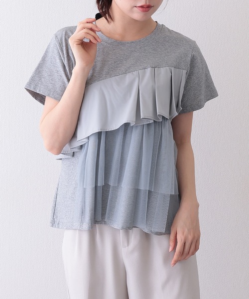 Lace Ladies(レースレディース)の「異素材 タックフリル チュール ドッキング 半袖 Tシャツ(Tシャツ/カットソー・レディース・ホワイト/グレー/ブラック・FREE)」の6枚目の写真