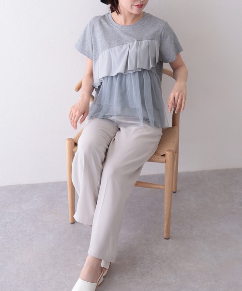 Lace Ladies(レースレディース)の「異素材 タックフリル チュール ドッキング 半袖 Tシャツ(Tシャツ/カットソー・レディース・ホワイト/グレー/ブラック・FREE)」の7枚目の写真
