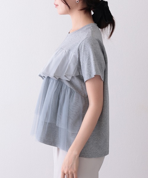 Lace Ladies(レースレディース)の「異素材 タックフリル チュール ドッキング 半袖 Tシャツ(Tシャツ/カットソー・レディース・ホワイト/グレー/ブラック・FREE)」の8枚目の写真