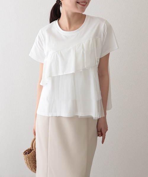 Lace Ladies(レースレディース)の「異素材 タックフリル チュール ドッキング 半袖 Tシャツ(Tシャツ/カットソー・レディース・ホワイト/グレー/ブラック・FREE)」の15枚目の写真