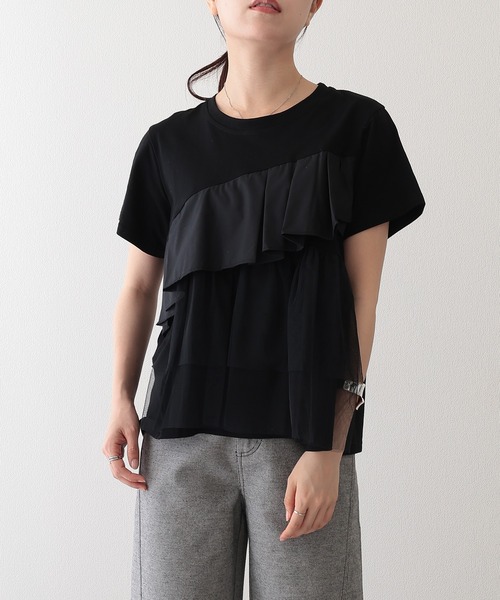 Lace Ladies(レースレディース)の「異素材 タックフリル チュール ドッキング 半袖 Tシャツ(Tシャツ/カットソー・レディース・ホワイト/グレー/ブラック・FREE)」の22枚目の写真