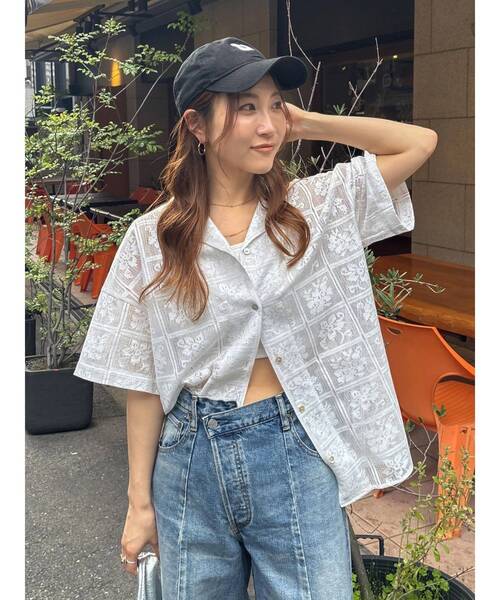 Ungrid（アングリッド）の「レース開襟ハーフスリーブシャツ（シャツ/ブラウス・レディース・ブラック/オフホワイト・FREE）」の9枚目の写真