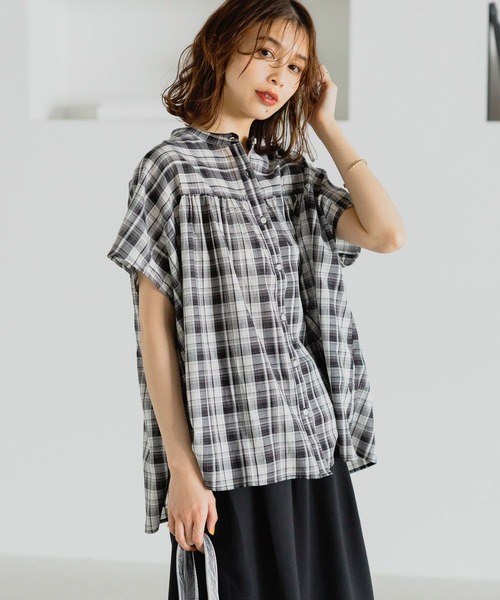オブリ OBLI ブロックチェックブラウス フレンチスリーブ 半袖 F 黒 白 エルフランク ELFRANK ブロックチェックパフスリーブペプラムブラウス