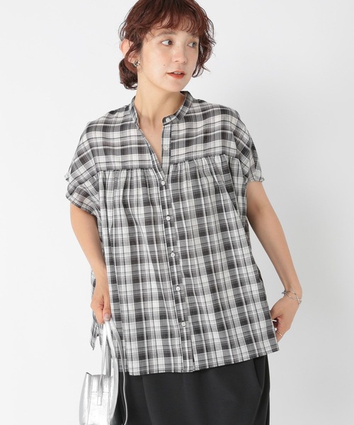 フレンチスリーブチェックギャザーブラウス（シャツ/ブラウス