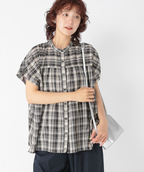 フレンチスリーブチェックギャザーブラウス（シャツ/ブラウス