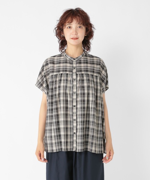 フレンチスリーブチェックギャザーブラウス（シャツ/ブラウス