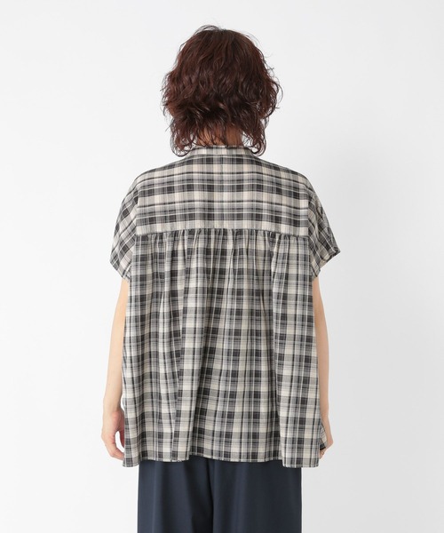 フレンチスリーブチェックギャザーブラウス（シャツ/ブラウス