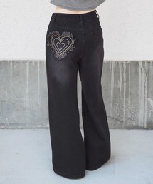 バックハート刺繍デニムワイドパンツ