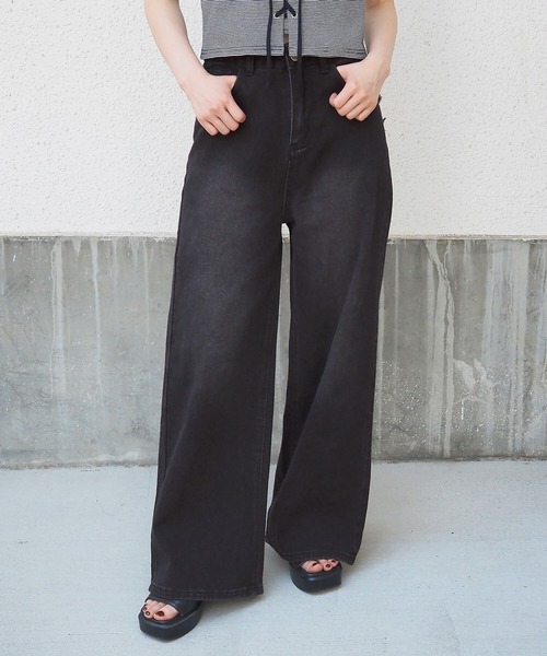 セール】バックハート刺繍デニムワイドパンツ（デニムパンツ