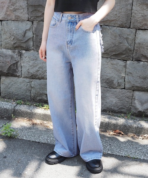 セール】バックハート刺繍デニムワイドパンツ（デニムパンツ