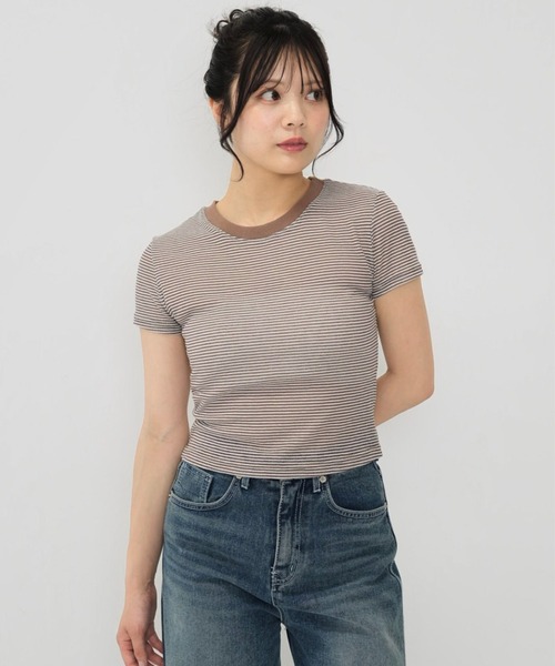 Enewd nina(エニュードニーナ)の「ライトウェイト ストライプ ボーダー シアー 薄手ニット 伸縮性あり Tシャツ(Tシャツ/カットソー・レディース・ブラウン/ライトブルー/ブラック・FREE)」の3枚目の写真
