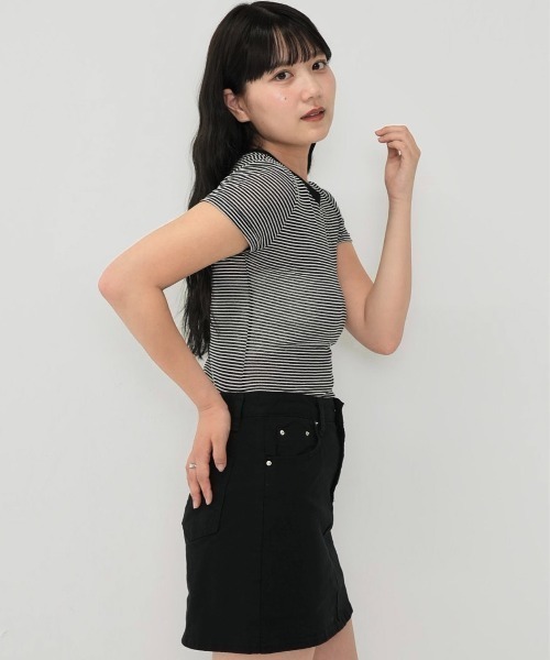 Enewd nina(エニュードニーナ)の「ライトウェイト ストライプ ボーダー シアー 薄手ニット 伸縮性あり Tシャツ(Tシャツ/カットソー・レディース・ブラウン/ライトブルー/ブラック・FREE)」の8枚目の写真