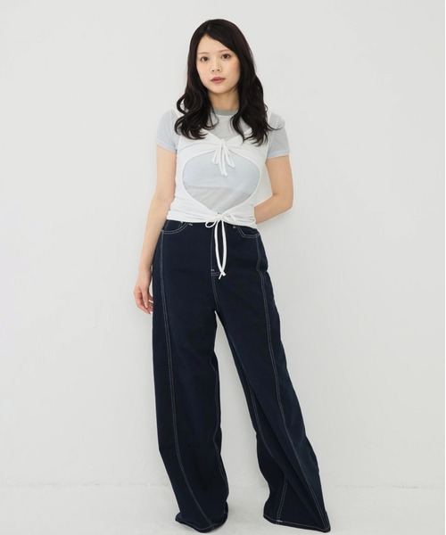 Enewd nina(エニュードニーナ)の「ライトウェイト ストライプ ボーダー シアー 薄手ニット 伸縮性あり Tシャツ(Tシャツ/カットソー・レディース・ブラウン/ライトブルー/ブラック・FREE)」の16枚目の写真