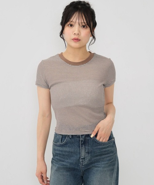 Enewd nina(エニュードニーナ)の「ライトウェイト ストライプ ボーダー シアー 薄手ニット 伸縮性あり Tシャツ(Tシャツ/カットソー・レディース・ブラウン/ライトブルー/ブラック・FREE)」の4枚目の写真