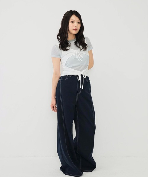 Enewd nina(エニュードニーナ)の「ライトウェイト ストライプ ボーダー シアー 薄手ニット 伸縮性あり Tシャツ(Tシャツ/カットソー・レディース・ブラウン/ライトブルー/ブラック・FREE)」の18枚目の写真