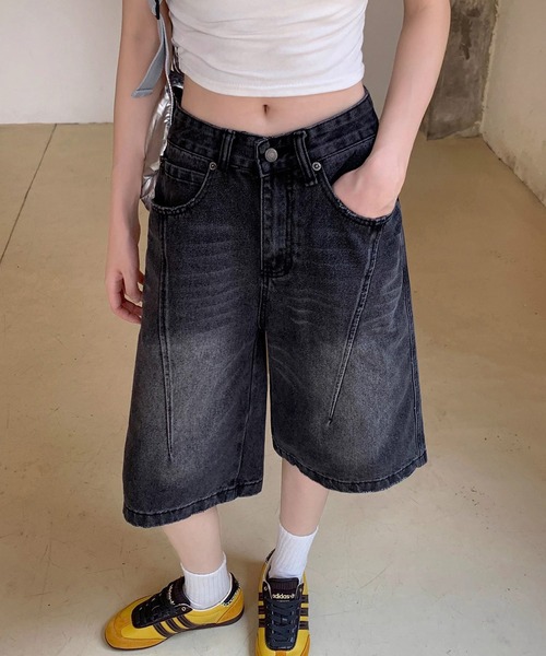 shopnikoniko(ショップニコニコ)の「バミューダパンツ デニム ヴィンテージウォッシュ デニムハーフパンツ(デニムパンツ・レディース・ブラック・フリー)」の9枚目の写真