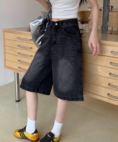 shopnikoniko(ショップニコニコ)の「バミューダパンツ デニム ヴィンテージウォッシュ デニムハーフパンツ(デニムパンツ・レディース・ブラック・フリー)」の10枚目の写真