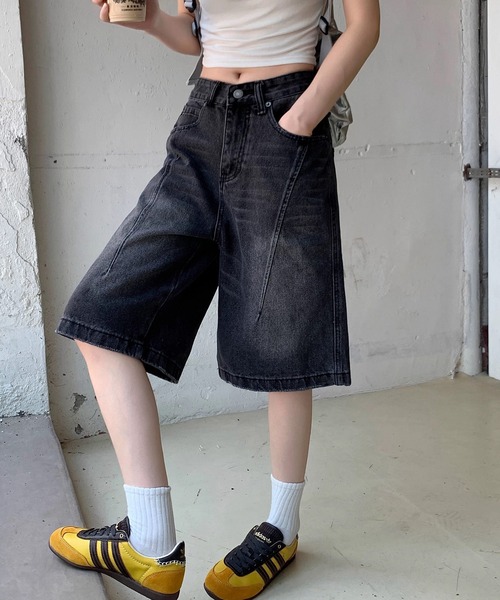 shopnikoniko(ショップニコニコ)の「バミューダパンツ デニム ヴィンテージウォッシュ デニムハーフパンツ(デニムパンツ・レディース・ブラック・フリー)」の11枚目の写真