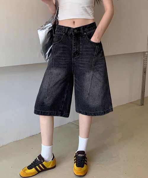 shopnikoniko(ショップニコニコ)の「バミューダパンツ デニム ヴィンテージウォッシュ デニムハーフパンツ(デニムパンツ・レディース・ブラック・フリー)」の12枚目の写真