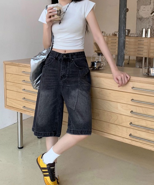 shopnikoniko(ショップニコニコ)の「バミューダパンツ デニム ヴィンテージウォッシュ デニムハーフパンツ(デニムパンツ・レディース・ブラック・フリー)」の13枚目の写真