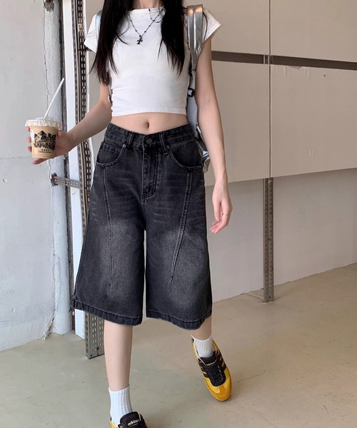 shopnikoniko(ショップニコニコ)の「バミューダパンツ デニム ヴィンテージウォッシュ デニムハーフパンツ(デニムパンツ・レディース・ブラック・フリー)」の14枚目の写真