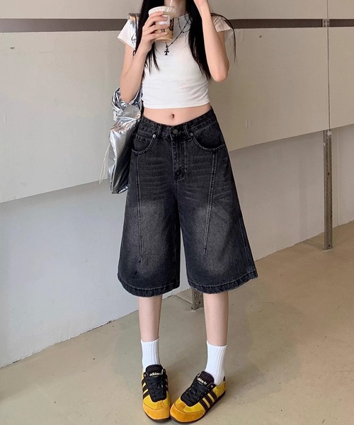 shopnikoniko(ショップニコニコ)の「バミューダパンツ デニム ヴィンテージウォッシュ デニムハーフパンツ(デニムパンツ・レディース・ブラック・フリー)」の15枚目の写真