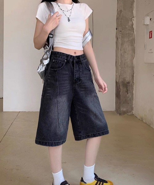 shopnikoniko(ショップニコニコ)の「バミューダパンツ デニム ヴィンテージウォッシュ デニムハーフパンツ(デニムパンツ・レディース・ブラック・フリー)」の16枚目の写真