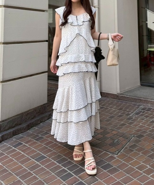 セール】【ちひ@_chipi2xセレクト】ドットフリルティアードワンピース