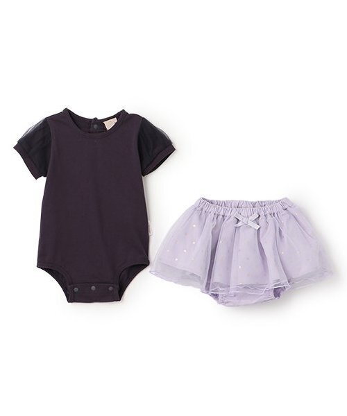 petit main（プティマイン）の「袖チュールロンパース＋スカパンセット（ロンパース・キッズ・チャコール/ライトピンク・80ｃｍ/70cm）」の2枚目の写真