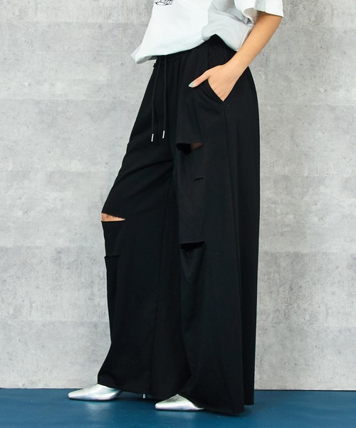 ANAP（アナップ）の「ダメージ スウェット ロング パンツ（スウェットパンツ・レディース・ブラック/グレー・FREE）」の4枚目の写真