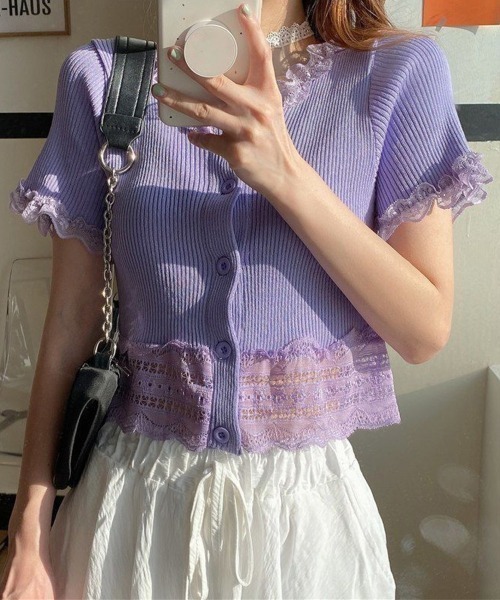 Miniministore(ミニミニストア)の「フリルショートカーディガン レースニット(カーディガン/ボレロ・レディース・ブラック/ライトブルー/ラベンダー/イエロー/ホワイト/ワインレッド・FREE)」の4枚目の写真