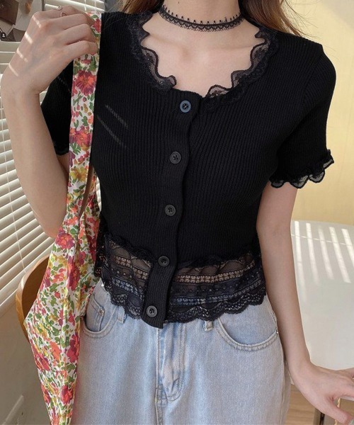 Miniministore(ミニミニストア)の「フリルショートカーディガン レースニット(カーディガン/ボレロ・レディース・ブラック/ライトブルー/ラベンダー/イエロー/ホワイト/ワインレッド・FREE)」の3枚目の写真
