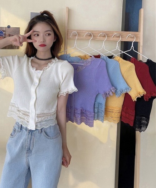Miniministore(ミニミニストア)の「フリルショートカーディガン レースニット(カーディガン/ボレロ・レディース・ブラック/ライトブルー/ラベンダー/イエロー/ホワイト/ワインレッド・FREE)」の9枚目の写真