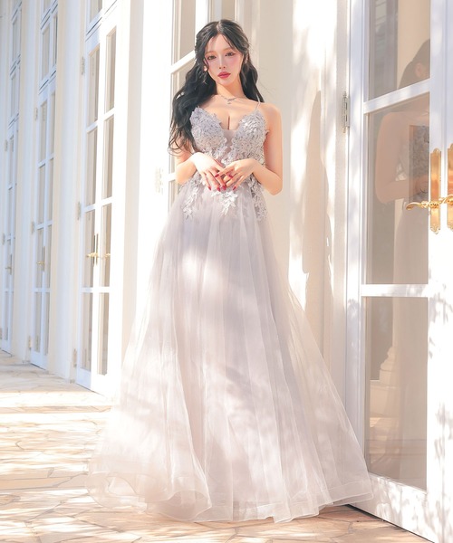 キャバドレス ロング フレア ノースリーブ キャミソール 立体フラワー刺繍 ビジュー バストシースルー 谷間魅せ ボリュームチュールAラインドレス