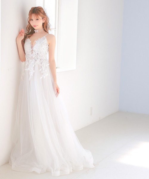 Tika（ティカ）の「[CLOSED] キャバドレス ロング フレア ノースリーブ キャミソール 立体フラワー刺繍 ビジュー バストシースルー 谷間魅せ ボリュームチュール  Aラインドレス（ドレス・レディース・ホワイト/グレー・XXXL/S/M/L/XL/XS/XXL）」の4枚目の写真