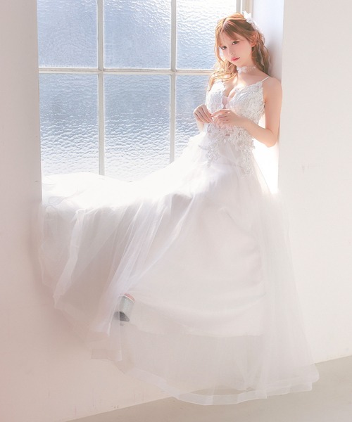 Tika（ティカ）の「[CLOSED] キャバドレス ロング フレア ノースリーブ キャミソール 立体フラワー刺繍 ビジュー バストシースルー 谷間魅せ ボリュームチュール  Aラインドレス（ドレス・レディース・ホワイト/グレー・XXXL/S/M/L/XL/XS/XXL）」の5枚目の写真